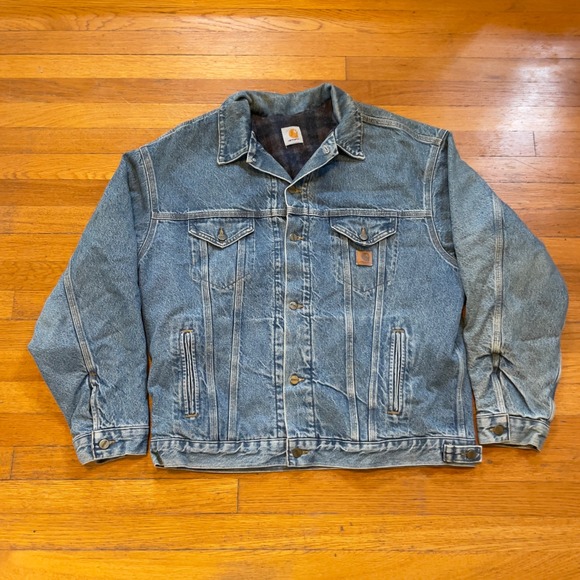 VTG 90s Carhartt JB0998 Blanket Lined Denim Trucker Jacket Blue Workwear XXL USA